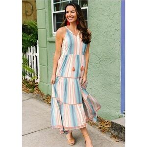 Matilda Jane Women’s Striped Multicolor Cotton Tiered Maxi Dress Large